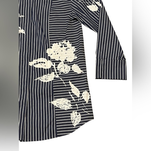 Lafayette 148 New York blue & white striped floral button down 3/4 sleeve shirt - Picture 5 of 11